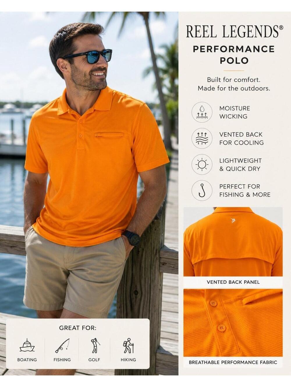 Reel Legends Men’s XL Performance Fishing Polo Shirt Orange